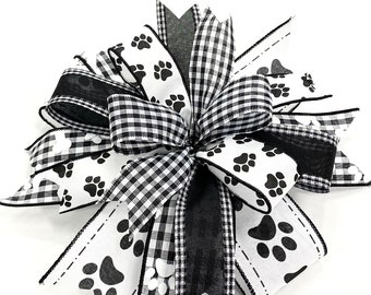 Farmhouse Dog lover bow, paws, bones, black white, gingham, plaid, lantern bow, door hanger bow, home decorations