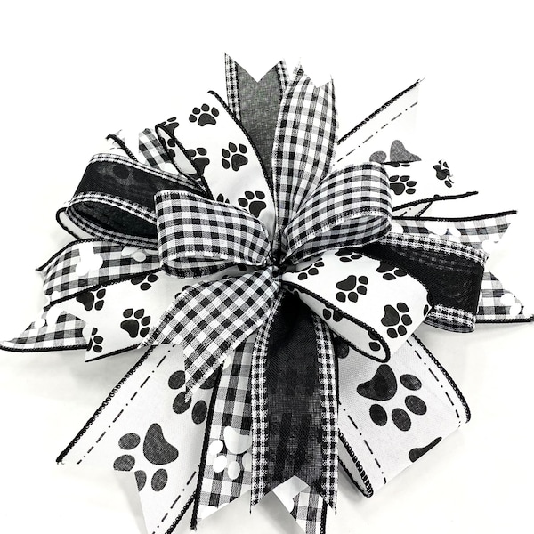 Farmhouse Dog lover bow, paws, bones, black white, gingham, plaid, lantern bow, door hanger bow, home decorations