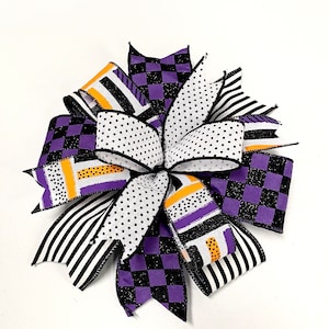 Halloween bow, purple black glitter checkered, stripes, polka dots, orange, purple, black, white, lantern bow, door hanger bow, Halloween