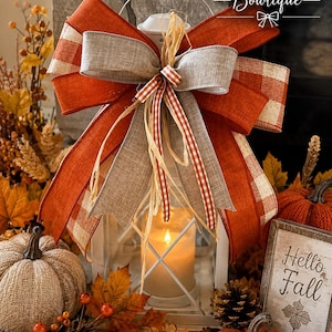 Fall Farmhouse bow, Buffalo check, linen, gingham, raffia, lantern bow, wreath bow, handmade Fall decorations