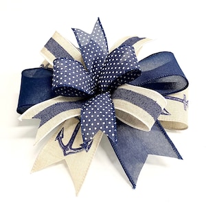 Nautical bow, anchors, navy denim, linen, stripe, navy blue polka dots, handmade bow, lantern bow, door hanger bow, home decorations