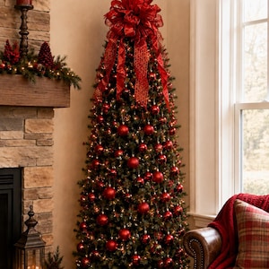 May include: A tall, slim Christmas tree decorated with numerous shiny red spherical ornaments and warm white string lights. A large, elaborate red ribbon bow sits at the top, and a ruffled red fabric tree skirt covers the base. Text reads Lakehouse BOWTIQUE.