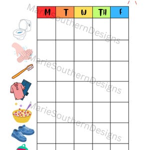 May include: A colorful daily routine chart with the text "My Morning Routine" at the top. The chart includes illustrations of a toilet, washing hands, brushing teeth, clothes, cereal, shoes, and a backpack. The days of the week are across the top.