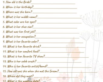 Confezione da 2 giochi per la sposa semplici e floreali / Chi conosce meglio la futura sposa? / Cosa c'è nella tua borsa?