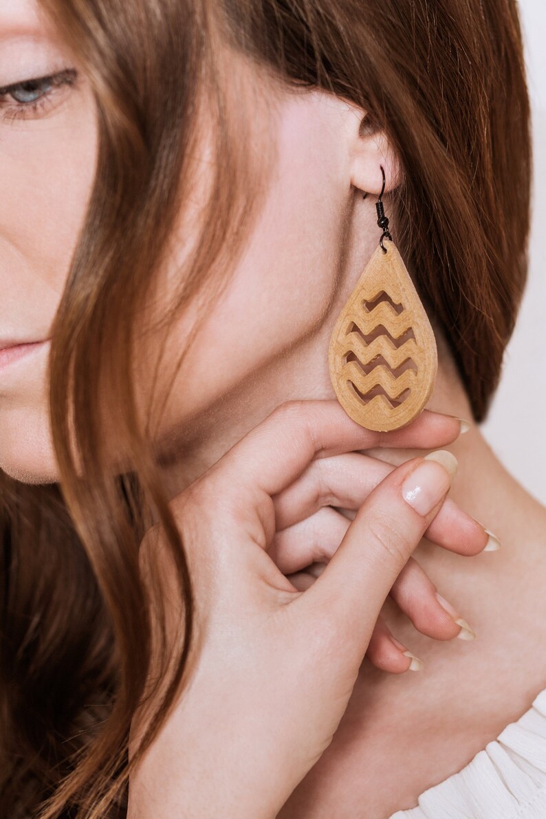 Teardrop WaveN  3D Print Earrings  Wood Imitation  3D Print image 1