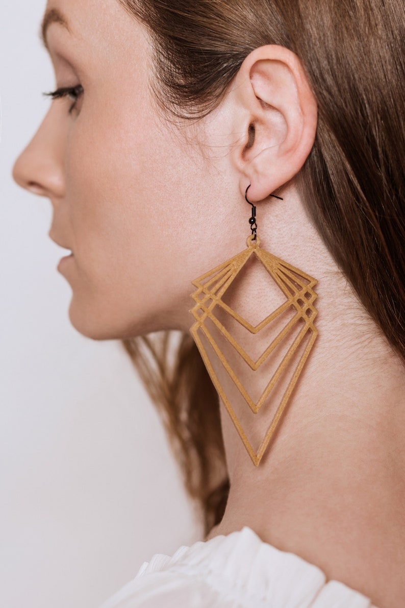 Triangles Drop  3D Print Earrings  Wood Imitation  3D Print image 1