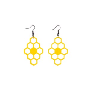 Nid d'abeille 3 Boucles d'oreilles imprimées en 3D Imitation bois Bijoux imprimés en 3D Print A Brick Yellow
