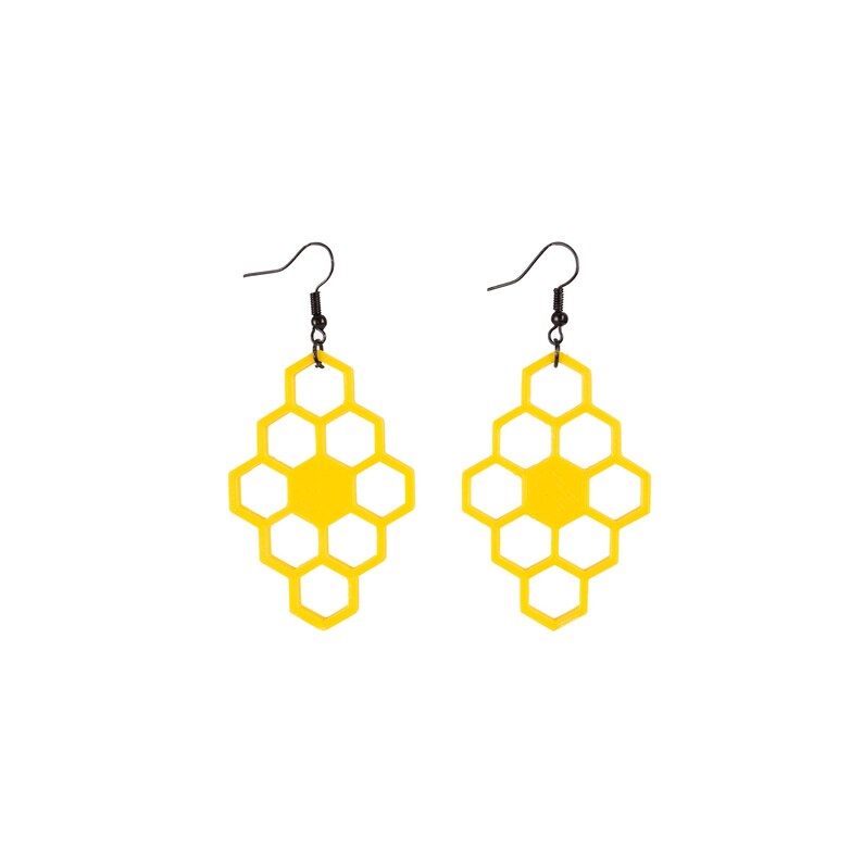 Nid d'abeille 3 Boucles d'oreilles imprimées en 3D Imitation bois Bijoux imprimés en 3D Print A Brick Yellow