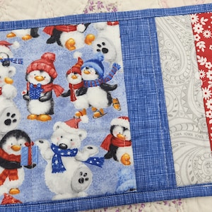 Penguin and polar bear mug rug - snack mat - miniature quilt - winter - snowflake