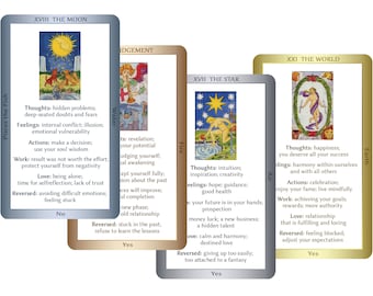 May include: Tarot card deck with 10 cards, each with a different image and text. The cards are in a gold and silver frame with a blue background. The cards are numbered XVIII, XXI, and XVII. The text on the cards includes the names of the cards, the elements, and the meanings of the cards.