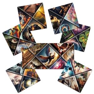 May include: A multi-faceted geometric puzzle toy featuring a collection of triangular panels. Each panel displays a distinct, colourful illustration, including a bald eagle, a king, a clover, a penguin, and various abstract and celestial scenes.
