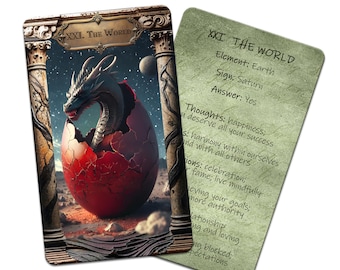 May include: A rectangular tarot card featuring a dragon emerging from a cracked red egg between two stone pillars under a starry sky, labelled XXI. The World. The reverse side is light green with text detailing Element: Earth, Sign: Saturn, and Answer: Yes.