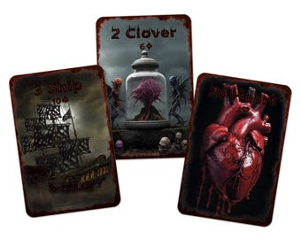 May include: Three playing cards with a dark, gothic design. The cards are a 3 of Ships, a 2 of Clovers, and a Jack of Hearts.
