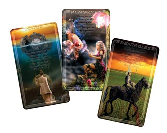 May include: Three tarot cards with colorful illustrations and text. The first card is the Cups card, with a woman in a white dress standing on a swing. The second card is the Pentacles card, with a woman in a pink dress and a fish. The third card is the Pentacles card, with a man riding a horse.