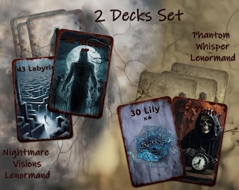 May include: Two decks of playing cards, one with a dark, gothic design and the other with a lighter, more whimsical design. The dark deck is called "Nightmare Visions Lenormand" and the light deck is called "Phantom Whisper Lenormand".