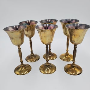 Vintage Brass Wine Goblets India Set of 6 Stem Chalice Tall Glasses With Case