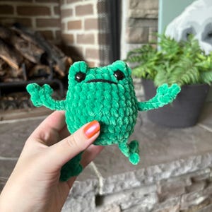 May include: A handmade, green crochet frog with black eyes and a black stitched mouth. The frog has outstretched arms and legs, giving it a friendly appearance. The plush toy is made of a soft, textured yarn.