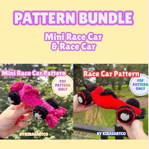 Può includere: Un pacchetto di modelli digitali per una mini auto da corsa e un'auto da corsa all'uncinetto. L'immagine include il testo PATTERN BUNDLE, Mini Race Car & Race Car, Mini Race Car Pattern, Race Car Pattern e PDF PATTERN ONLY.