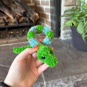 Green Blue Striped Snake Crochet Plushie Stuffed Animal Plush Handmade Toy Small Gift Stocking Stuffer Baby Present Kids Stuffie Soft Decor