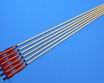 Six Traditional Wooden Arrows - Red Unique Feather Fletchings - Metal Points - Long Bow - Horse Bow - Trad Archery - Med Coloured Wood