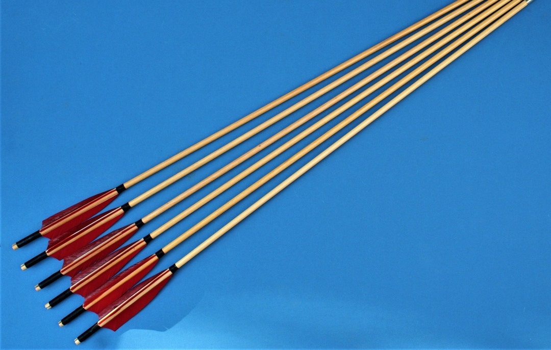Six Traditional Wooden Arrows Red Feather Fletchings Metal Points Long