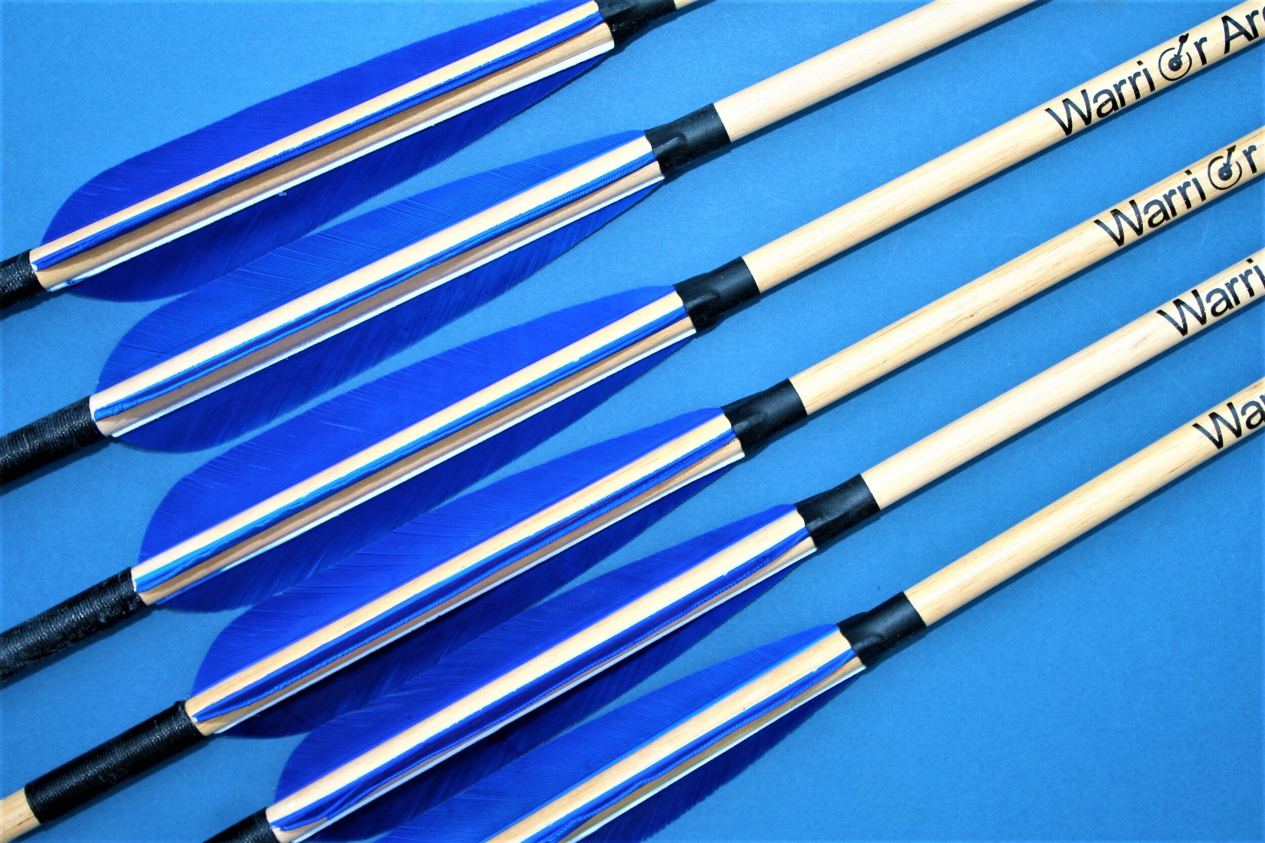 Six Traditional Wooden Arrows Metal Points Blue Feather Fletchings Long