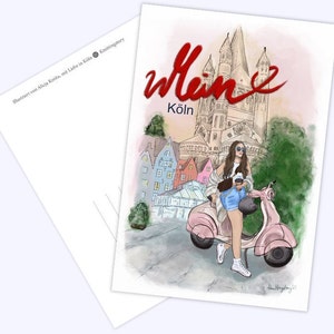 Modernes Köln und Lifestyle, Illustrationen auf Postkarten in kräftigen Farben, Vespa