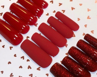 Amoureux | Lot Presse sur les ongles rouge | Ongles en gel-X brillants, mats et scintillants