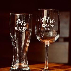 Couples Gift, Beer and Wine Set of Two, Engagement Gift, Anniversary Gift, Engaged Couples Gift, Custom Glasses, Wedding Gift, Friends Gift