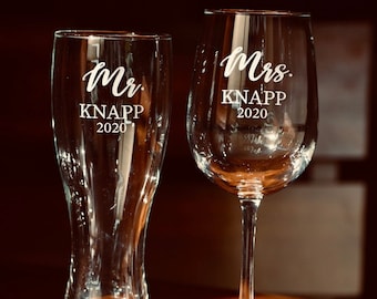 Couples Gift, Beer and Wine Set of Two, Engagement Gift, Anniversary Gift, Engaged Couples Gift, Custom Glasses, Wedding Gift, Friends Gift