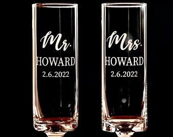 Personalized Wedding Champagne Flutes, Etched Mr. & Mrs. Glasses, Set of 2