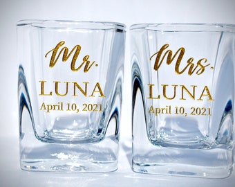 Personalized Couples Gift, Shot Glasses (Set of TWO) Custom Engraved Square Shot Glass, Custom Shot Glass, Wedding Favor Glass