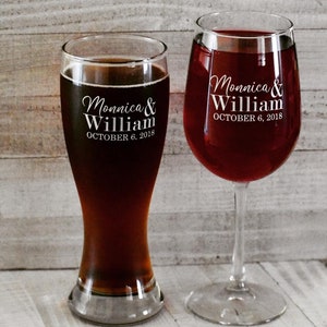 Personalized Wine Beer Set (Set of Two) Custom Engraved His and Hers, Wedding Gift, Engagement Gift, Couples Gift, Bridal, Gratefully Etched