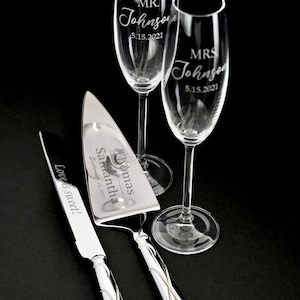 Personalized Lenox Toasting Flutes and Cake Cutter Set, Lenox Tuscany Custom Wedding Flutes, Lenox Adorn Cake Server and Knife, Couples Gift