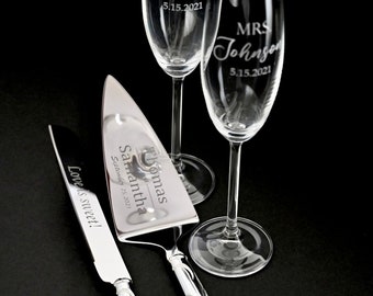 Personalized Lenox Toasting Flutes and Cake Cutter Set, Custom Wedding Flute Couples Gift