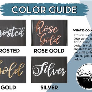 Puede incluir: Gu&iacute;a de colores con ejemplos de texto Frosted, Rose Gold, Gold y Silver. El texto "GU&Iacute;A DE COLORES" est&aacute; en la parte superior. El texto "&iquest;QU&Eacute; ES EL RELLENO DE COLOR?" est&aacute; a la derecha, explicando el proceso. El logotipo de "Gratefully ETCHED" est&aacute; en la esquina inferior derecha.