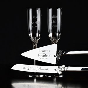 Lenox True Love Silver Personalized Wedding Cake Cutting Set Bundle / Includes Engraved Wedding Champagne Flutes & Cake Knife and Server Set