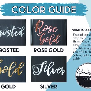 May include: Color guide for etched glass designs. Options include frosted, rose gold, gold, and silver. The text "What is color fill?" explains that frosted is a classic deep etched glass finish and that color fill can be applied to the design in silver, gold, or rose gold. The text "Gratefully Etched" is in a circle.