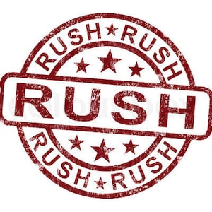 May include: Red rubber stamp with the word "RUSH" in a bold, distressed font. The word "RUSH" is repeated four times around the outer edge of the stamp.