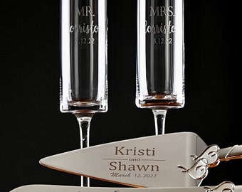 Personalized Champagne Modern Flutes with Lenox Cake Cutter Set, Engraved Silver Wedding Set