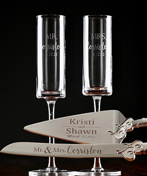 Personalized Modern Flutes with Lenox Cake Cutter Set, Engraved Silver Wedding Set