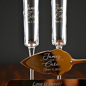 Gold Rim Wedding Toasting Flutes, Cake Cutting Set, Custom Flutes, Custom Cake Server Set, Gold Rim Champagne Flutes, Gold Cake Cutter Set