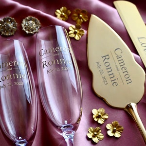 Lenox Toasting Flutes with Gold Cake Cutting Set, Personalized Wedding Set, Couples Gift, Gold Wedding Set, Etched Wedding Set, Gratefully