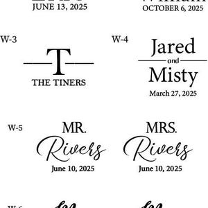 May include: Six wedding announcement designs with different names and dates. The designs feature a variety of fonts and styles, including script, block, and cursive.