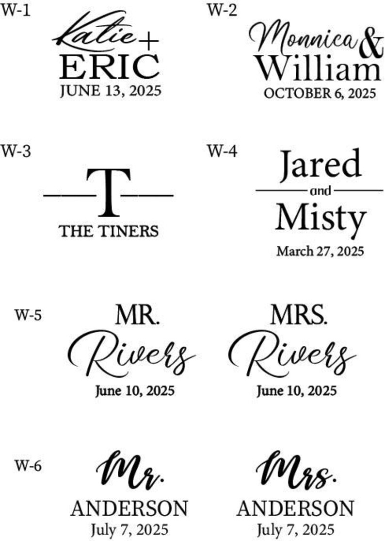 May include: Six wedding announcement designs with different names and dates. The designs feature a variety of fonts and styles, including script, block, and cursive.