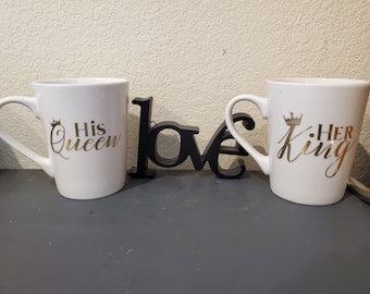 Her Queen and His King Couples Mugs – 14 oz Stoneware with Gold Vinyl Writing