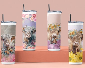 Spring Highland Cow Tumbler | 20 oz or 30 oz Pastel Floral Insulated Cup
