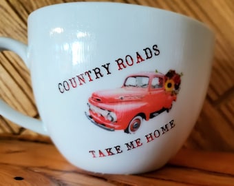 Red Truck Country Roads Coffee Mug: 18 oz Porcelain, Dishwasher Safe