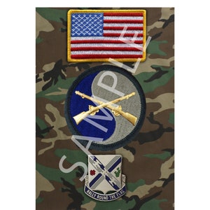 May include: A military patch with a blue and gray yin-yang symbol with crossed rifles in gold. The patch is surrounded by a green border. Below the patch is a silver and white crest with a red clover and the text "Rally Round The Flag". Above the patch is a small American flag.