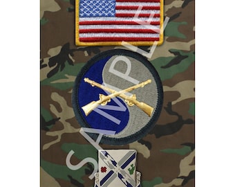 Military Wallpaper - Smartphone wallpaper background for iPhone or Android. American flag, 29th Infantry Division Patch, and 115th Regt pin.